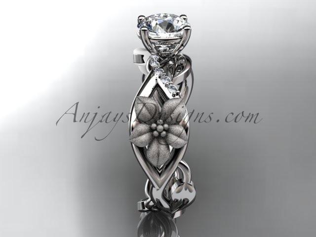 Unique 14kt white gold diamond floral leaf and vine wedding ring, engagement ring with a "Forever One" Moissanite center stone ADLR270 - AnjaysDesigns