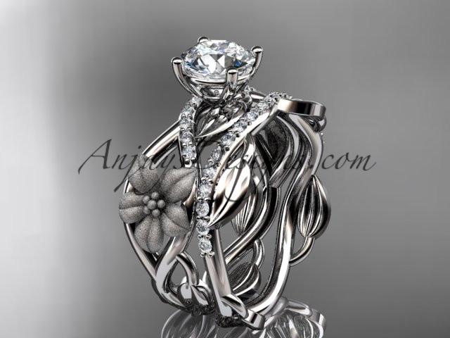 Unique platinum floral diamond wedding ring, engagement set with a "Forever One" Moissanite center stone ADLR270S - AnjaysDesigns