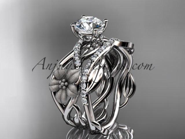 Unique 14kt white gold floral diamond wedding ring, engagement set with a "Forever One" Moissanite center stone ADLR270S - AnjaysDesigns