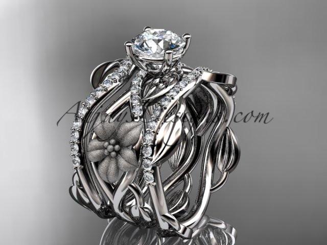 Unique platinum floral diamond wedding ring, engagement ring and double matching band ADLR270S - AnjaysDesigns