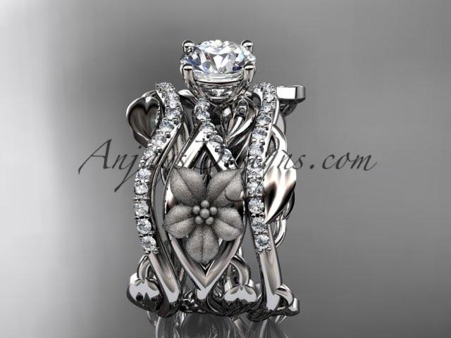 Unique 14kt white gold floral diamond wedding ring, engagement ring and double matching band ADLR270S - AnjaysDesigns