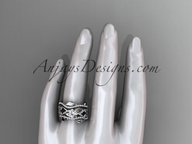 Unique 14kt white gold floral diamond wedding ring, engagement ring and double matching band ADLR270S - AnjaysDesigns
