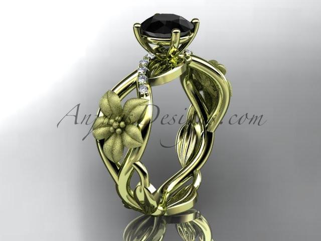 Unique 14kt yellow gold diamond floral leaf and vine wedding ring, engagement ring with a Black Diamond center stone ADLR270 - AnjaysDesigns