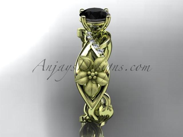 Unique 14kt yellow gold diamond floral leaf and vine wedding ring, engagement ring with a Black Diamond center stone ADLR270 - AnjaysDesigns