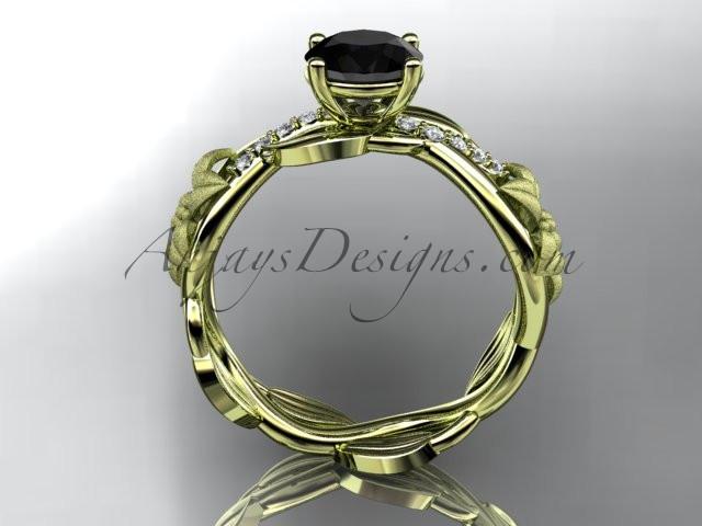 Unique 14kt yellow gold diamond floral leaf and vine wedding ring, engagement ring with a Black Diamond center stone ADLR270 - AnjaysDesigns