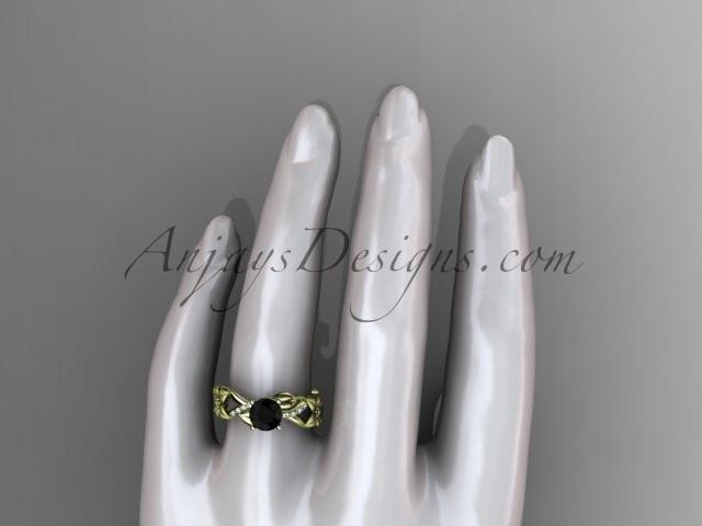 Unique 14kt yellow gold diamond floral leaf and vine wedding ring, engagement ring with a Black Diamond center stone ADLR270 - AnjaysDesigns