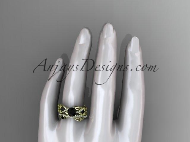 Unique 14kt yellow gold floral diamond wedding ring, engagement set with a Black Diamond center stone ADLR270S - AnjaysDesigns