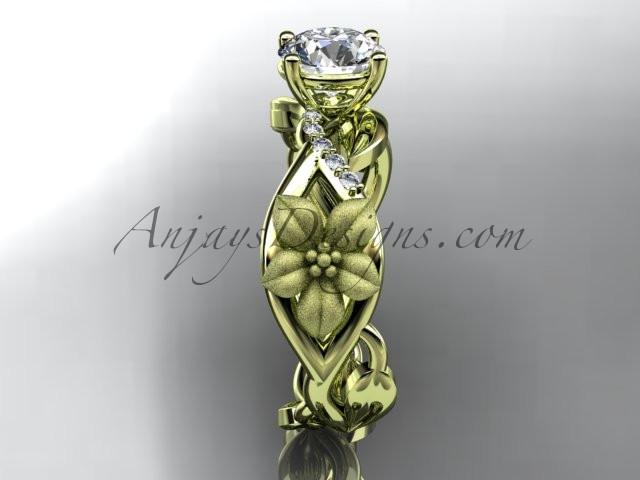 Unique 14kt yellow gold diamond floral leaf and vine wedding ring, engagement ring with a "Forever One" Moissanite center stone ADLR270 - AnjaysDesigns