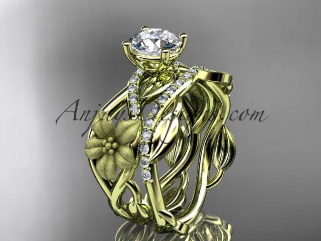 Unique 14kt yellow gold floral diamond wedding ring, engagement set with a "Forever One" Moissanite center stone ADLR270S - AnjaysDesigns