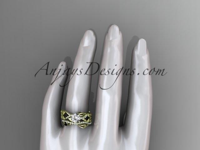 Unique 14kt yellow gold floral diamond wedding ring, engagement set with a "Forever One" Moissanite center stone ADLR270S - AnjaysDesigns