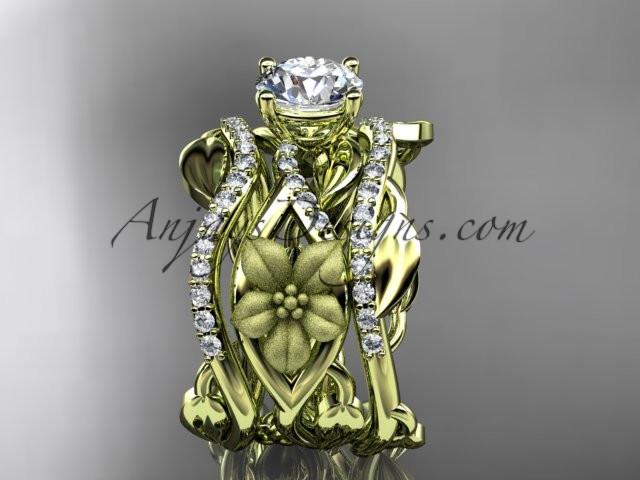 Unique 14kt yellow gold floral diamond wedding ring, engagement ring and double matching band ADLR270S - AnjaysDesigns