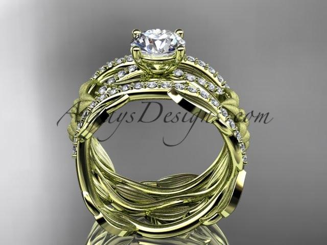 Unique 14kt yellow gold floral diamond wedding ring, engagement ring with a "Forever One" Moissanite center stone and double matching band ADLR270S - AnjaysDesigns