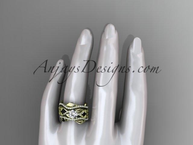 Unique 14kt yellow gold floral diamond wedding ring, engagement ring and double matching band ADLR270S - AnjaysDesigns