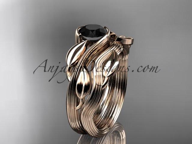 14kt rose gold leaf and vine wedding ring, engagement set with a Black Diamond center stone ADLR273S - AnjaysDesigns