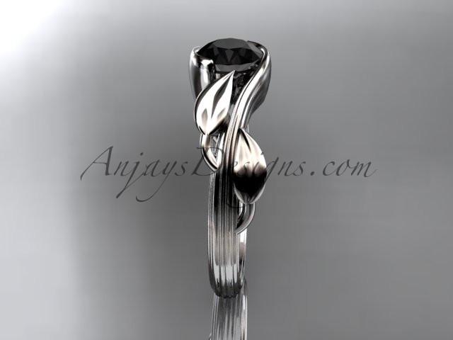 14kt white gold leaf and vine wedding ring, engagement ring with a Black Diamond center stone ADLR273 - AnjaysDesigns
