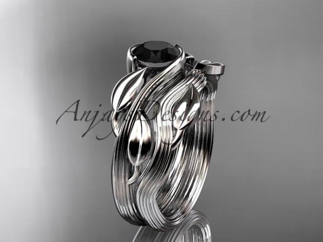 platinum leaf and vine wedding ring, engagement set with a Black Diamond center stone ADLR273S - AnjaysDesigns