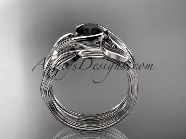 platinum leaf and vine wedding ring, engagement set with a Black Diamond center stone ADLR273S - AnjaysDesigns