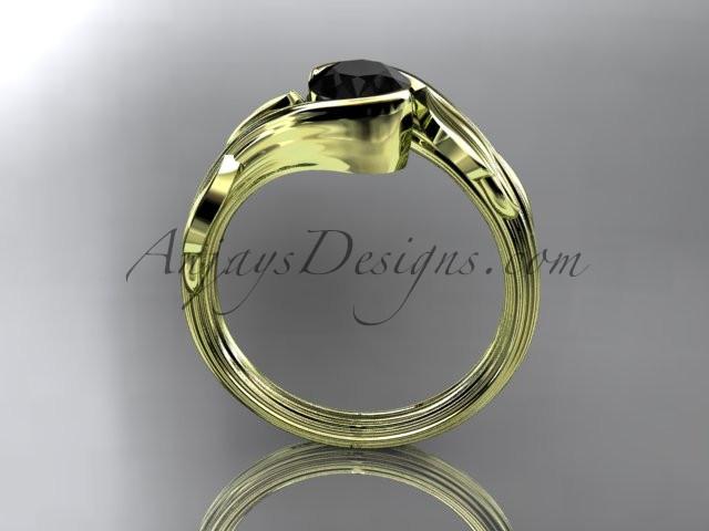 14kt yellow gold leaf and vine wedding ring, engagement ring with a Black Diamond center stone ADLR273 - AnjaysDesigns