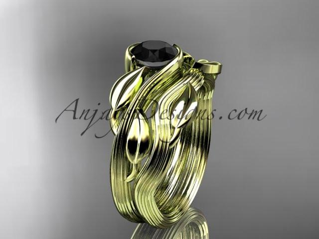 14kt yellow gold leaf and vine wedding ring, engagement set with a Black Diamond center stone ADLR273S - AnjaysDesigns