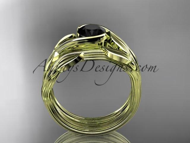 14kt yellow gold leaf and vine wedding ring, engagement set with a Black Diamond center stone ADLR273S - AnjaysDesigns