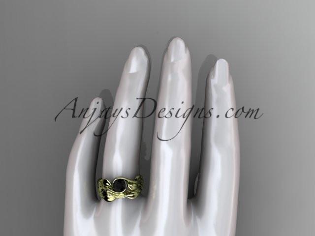 14kt yellow gold leaf and vine wedding ring, engagement set with a Black Diamond center stone ADLR273S - AnjaysDesigns
