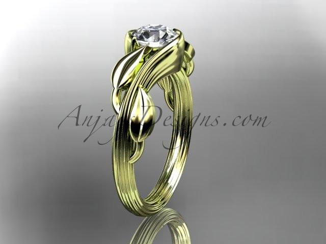 14kt yellow gold leaf and vine wedding ring, engagement ring with a "Forever One" Moissanite center stone ADLR273 - AnjaysDesigns
