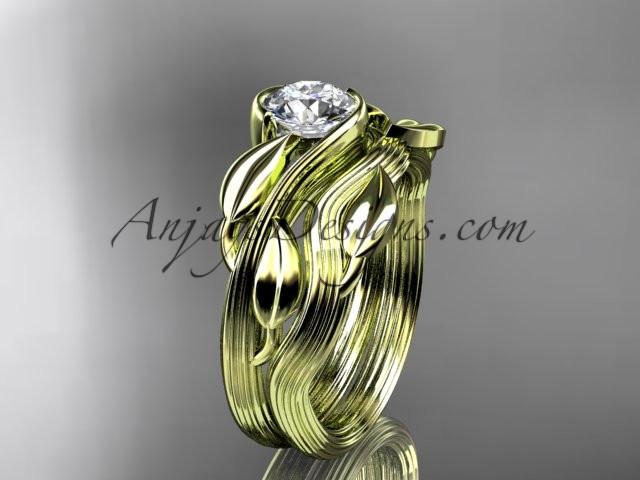 14kt yellow gold leaf and vine wedding ring, engagement set with a "Forever One" Moissanite center stone ADLR273S - AnjaysDesigns