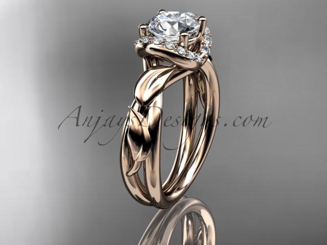 14kt rose gold diamond leaf and vine wedding ring, engagement ring with a "Forever One" Moissanite center stone ADLR289 - AnjaysDesigns