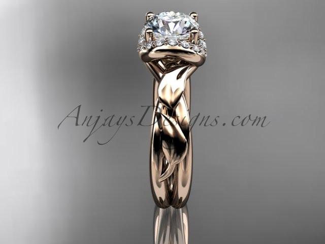 14kt rose gold diamond leaf and vine wedding ring, engagement ring with a "Forever One" Moissanite center stone ADLR289 - AnjaysDesigns