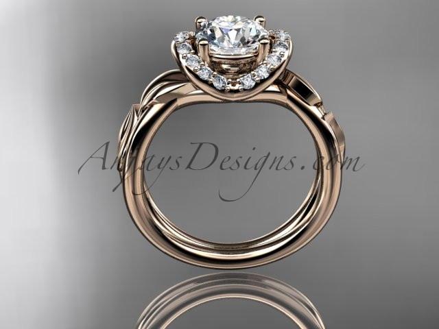 14kt rose gold diamond leaf and vine wedding ring, engagement ring with a "Forever One" Moissanite center stone ADLR289 - AnjaysDesigns