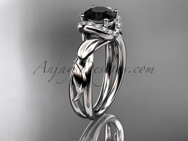 14kt white gold diamond leaf and vine wedding ring, engagement ring with a Black Diamond center stone ADLR289 - AnjaysDesigns