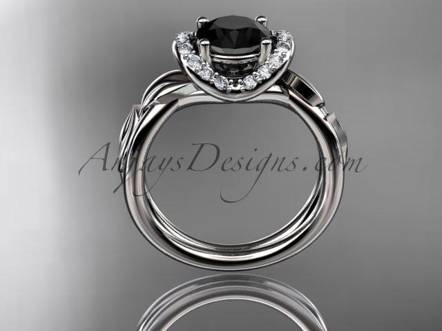 14kt white gold diamond leaf and vine wedding ring, engagement ring with a Black Diamond center stone ADLR289 - AnjaysDesigns