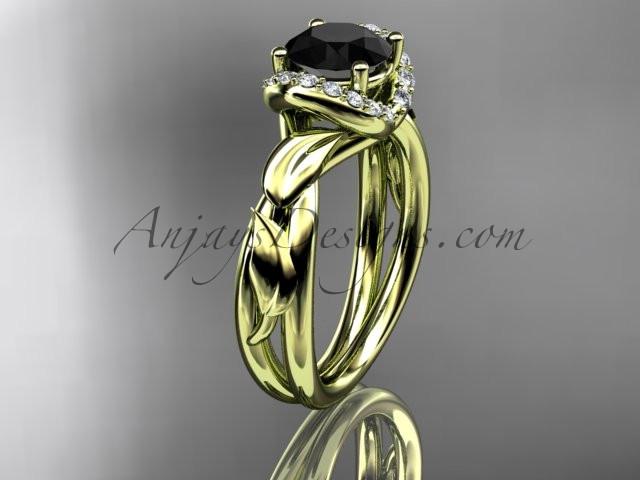14kt yellow gold diamond leaf and vine wedding ring, engagement ring with a Black Diamond center stone ADLR289 - AnjaysDesigns