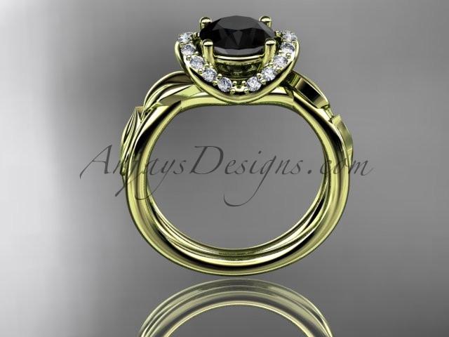 14kt yellow gold diamond leaf and vine wedding ring, engagement ring with a Black Diamond center stone ADLR289 - AnjaysDesigns