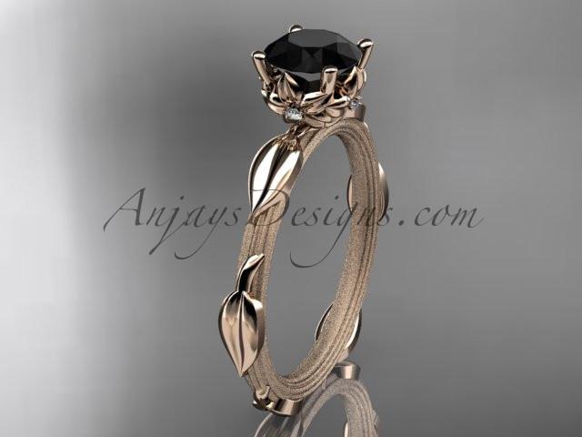 14k rose gold diamond vine and leaf wedding ring, engagement ring with a Black Diamond center stone ADLR290 - AnjaysDesigns