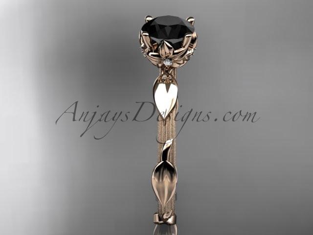 14k rose gold diamond vine and leaf wedding ring, engagement ring with a Black Diamond center stone ADLR290 - AnjaysDesigns
