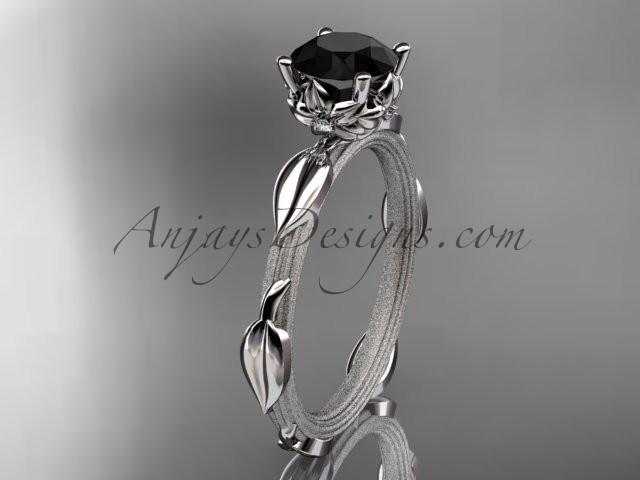 14k white gold diamond vine and leaf wedding ring, engagement ring with a Black Diamond center stone ADLR290 - AnjaysDesigns