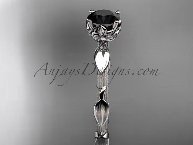 Platinum diamond vine and leaf wedding ring, engagement ring with a Black Diamond center stone ADLR290 - AnjaysDesigns