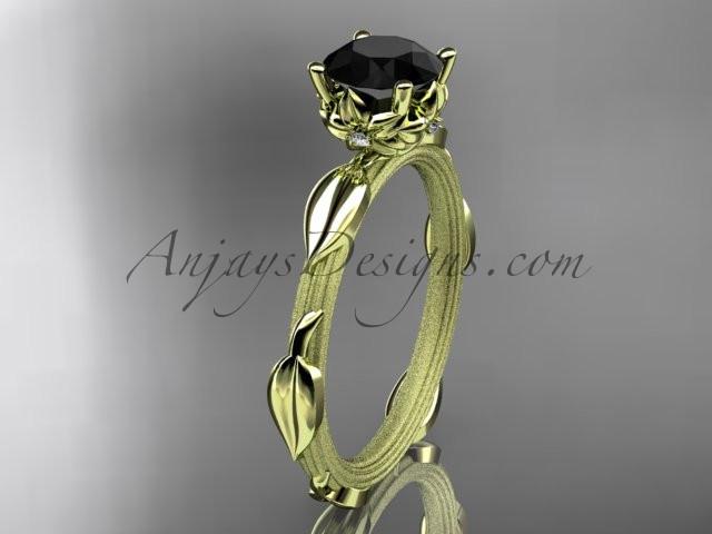 14k yellow gold diamond vine and leaf wedding ring, engagement ring with a Black Diamond center stone ADLR290 - AnjaysDesigns