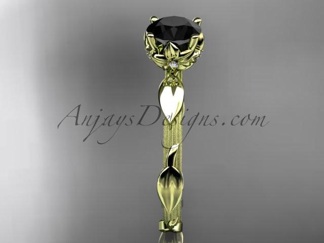14k yellow gold diamond vine and leaf wedding ring, engagement ring with a Black Diamond center stone ADLR290 - AnjaysDesigns