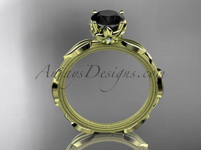 14k yellow gold diamond vine and leaf wedding ring, engagement ring with a Black Diamond center stone ADLR290 - AnjaysDesigns