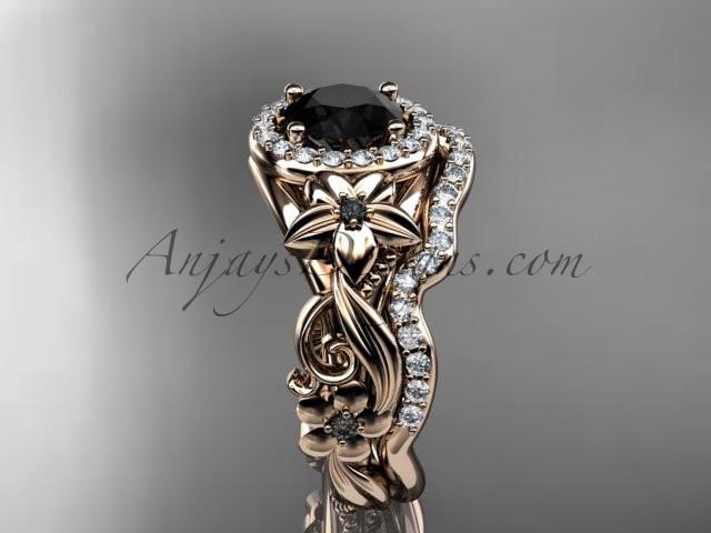 14kt rose gold diamond unique engagement set, wedding set with a Black Diamond center stone ADLR300 - AnjaysDesigns
