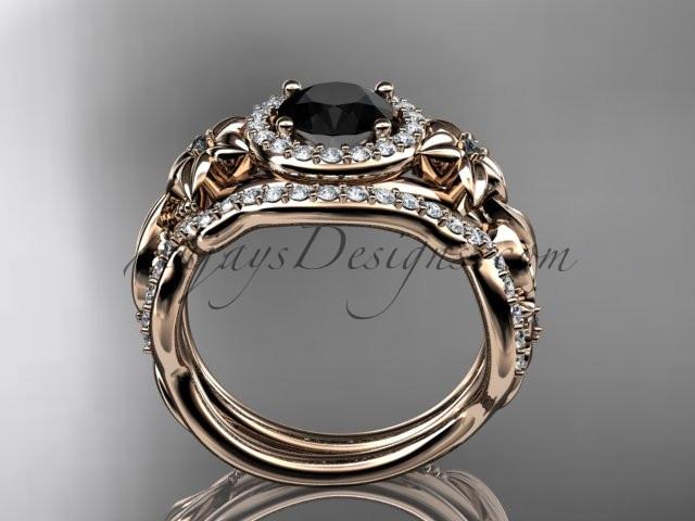 14kt rose gold diamond unique engagement set, wedding set with a Black Diamond center stone ADLR300 - AnjaysDesigns