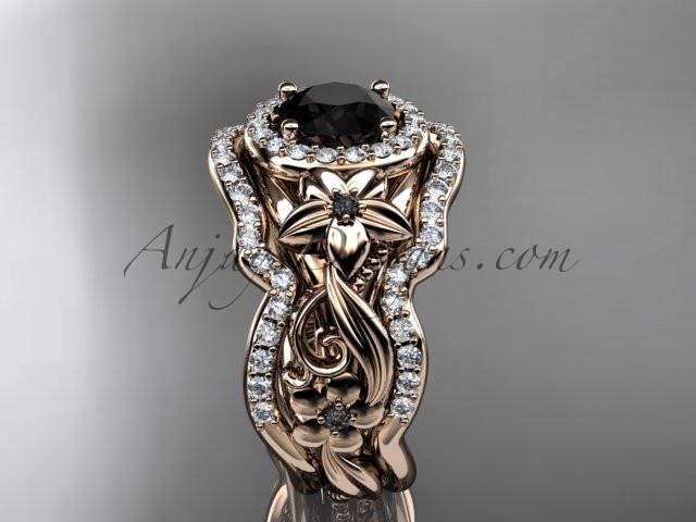 14kt rose gold diamond unique engagement set, wedding set with a Black Diamond center stone ADLR300 - AnjaysDesigns