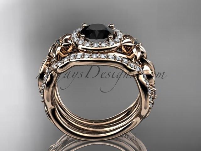 14kt rose gold diamond unique engagement set, wedding set with a Black Diamond center stone ADLR300 - AnjaysDesigns