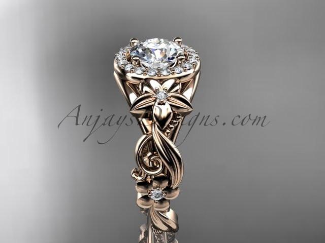 14kt rose gold diamond unique engagement ring, wedding ring with a "Forever One" Moissanite center stone ADLR300 - AnjaysDesigns