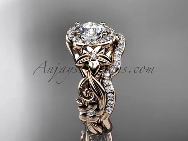 14kt rose gold diamond unique engagement set, wedding set with a "Forever One" Moissanite center stone ADLR300 - AnjaysDesigns