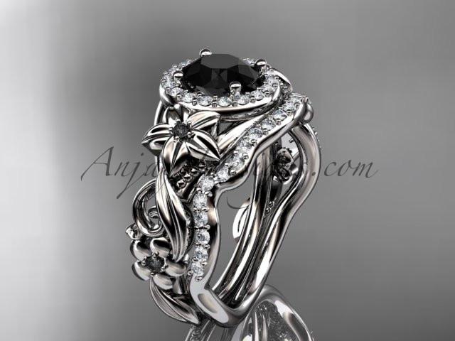 Platinum diamond unique engagement set, wedding set with a Black Diamond center stone ADLR300 - AnjaysDesigns