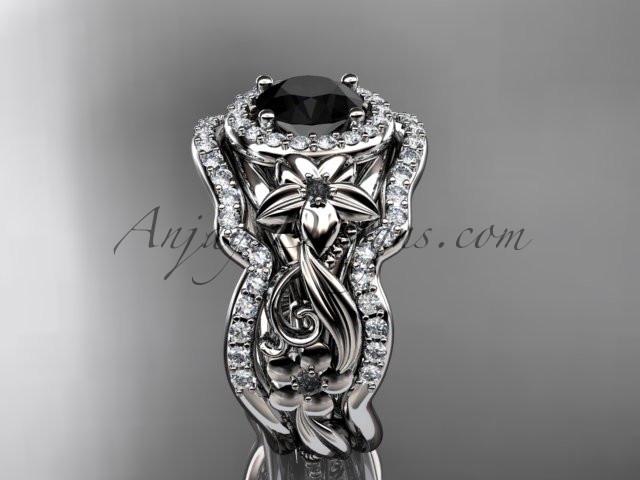 Platinum diamond unique engagement set, wedding set with a Black Diamond center stone ADLR300 - AnjaysDesigns