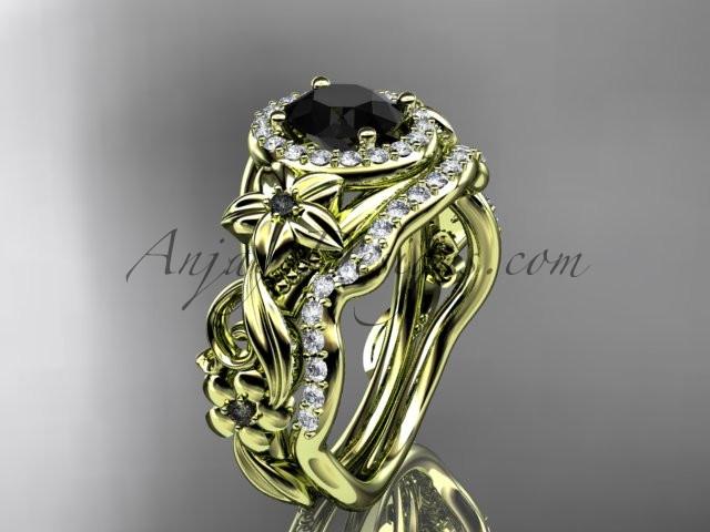 14kt yellow gold diamond unique engagement set, wedding set with a Black Diamond center stone ADLR300 - AnjaysDesigns